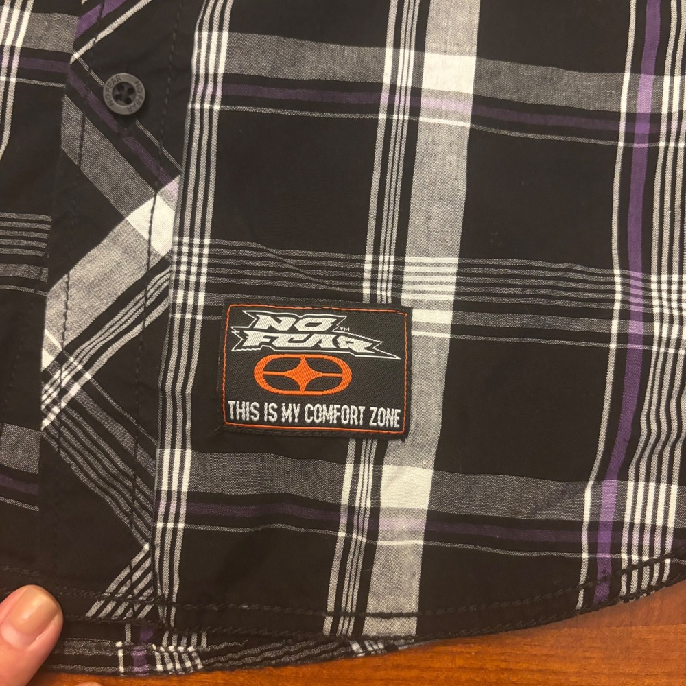 No Fear 90s Men's Medium Plaid Short Sleeve Button Up Shirt - Black Purple White - Picture 9 of 16